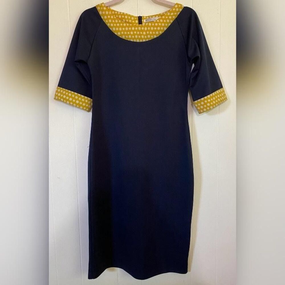 Mikarose Dress Womens Small Blue Polka Dot Trim Half Sleeve Sheath Knee Length